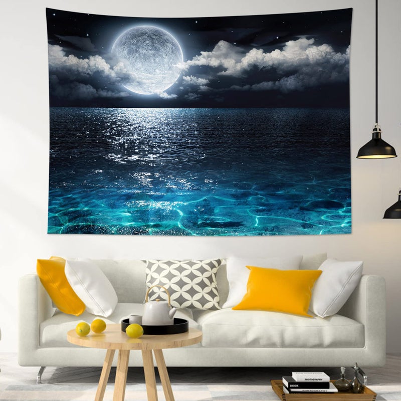 LB Moon Ocean Tapestry - Watercolor Blue Ocean and White Cloud Extra Large Wall Tapestry for Bedroom Starry Night Sky Wall Art for Bedroom Living Room Dorm Decor - 92.5Wx70.9H inches - Image 3